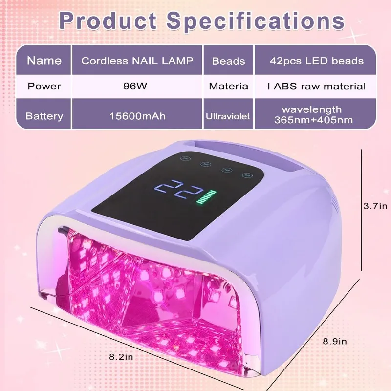 96W Cordless Rechargeable U V LED Nail Lamp for Nail Dryer Portable Cordless Gel UV Led Nail Lamp with 4 Timer Setting Sensor