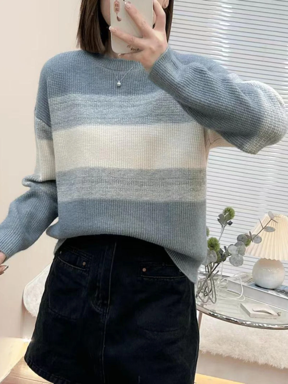 

Женский вязаный свитер с круглым вырезом, свободного кроя, осенне-зимний, новый, в полоску, с цветовыми блоками, стройнящий, в стиле Lazy, с длинными рукавами, базовый.