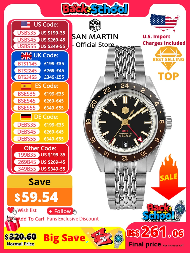 

San Martin Новые мужские часы NH34 GMT 39,5 мм, двунаправленный алюминиевый безель, роскошные автоматические механические сапфировые часы, 10 бар, светящиеся SN0116