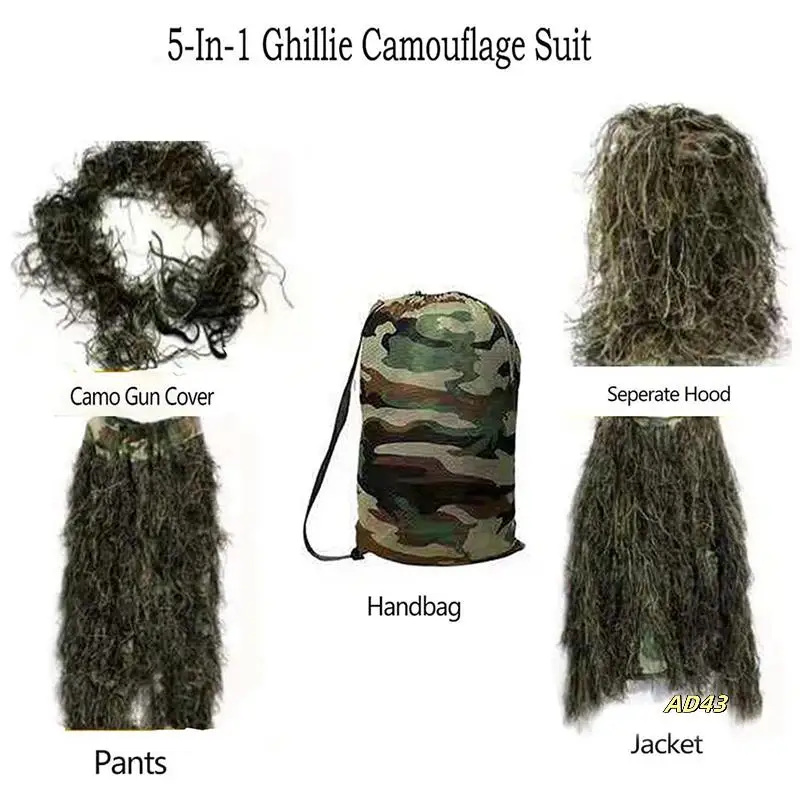 

2X 5 In 1 Ghillie Suit,3D Camouflage Outdoor Hunting Apparel Including Jacket,Pants,Hood,Carry Bag For Adults Kids Youth