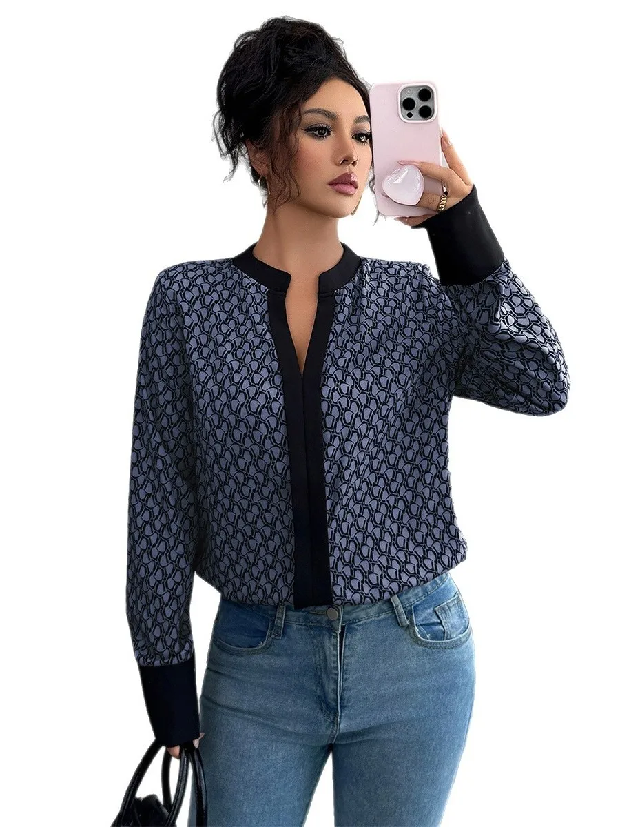 Luźna, długa bluzka damska z nadrukiem, europejski styl, elegancki, chińskie pochodzenie, 100% inne materiały, bluzka dla kobiet.