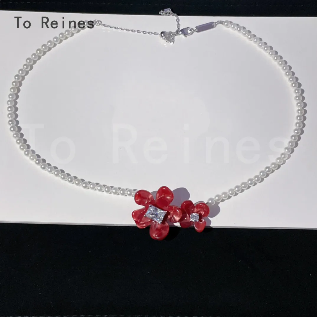 To Reines Fashion Gem Pearl Choker Red Flowers Pendant Female Elegant Jewelry Luxury Top Quality Necklace Valentine's Day Gift