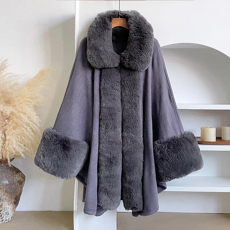 

Luxury Grey Fake Rabbit Fur Poncho Coat Women Long Warm Plush Cape Cloak with Big Collar Elegant Winter Outerwear