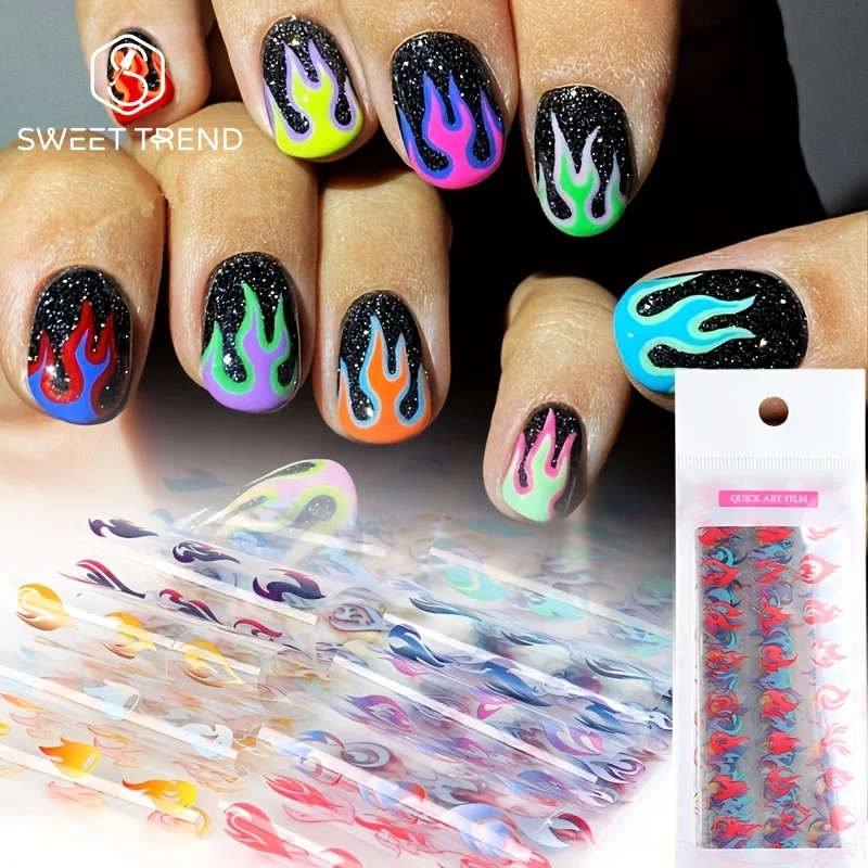 10 pcs/Bag Colorful Fire Flame Nail Transfer Foil Y2K Halloween Style Holiday Star Paper Decor Manicure Sliders Decor Supplies