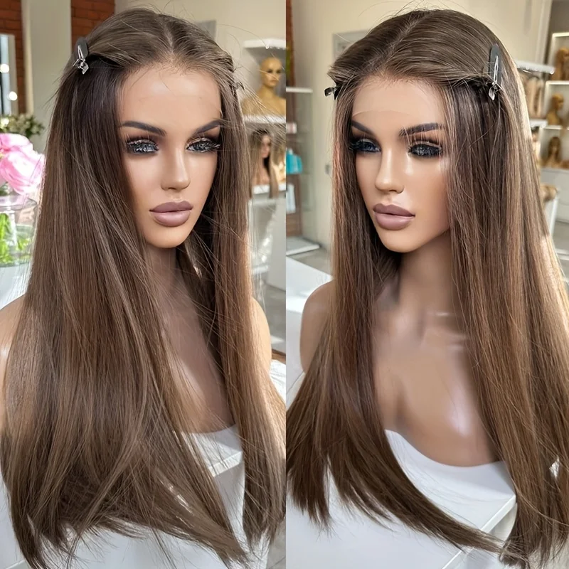 Heat-Resistant 24-Inch Long Straight Hair Synthetic Lace Front Wig for - Brown 13x4 Lace Front Glue-Free Wig, 180% Density
