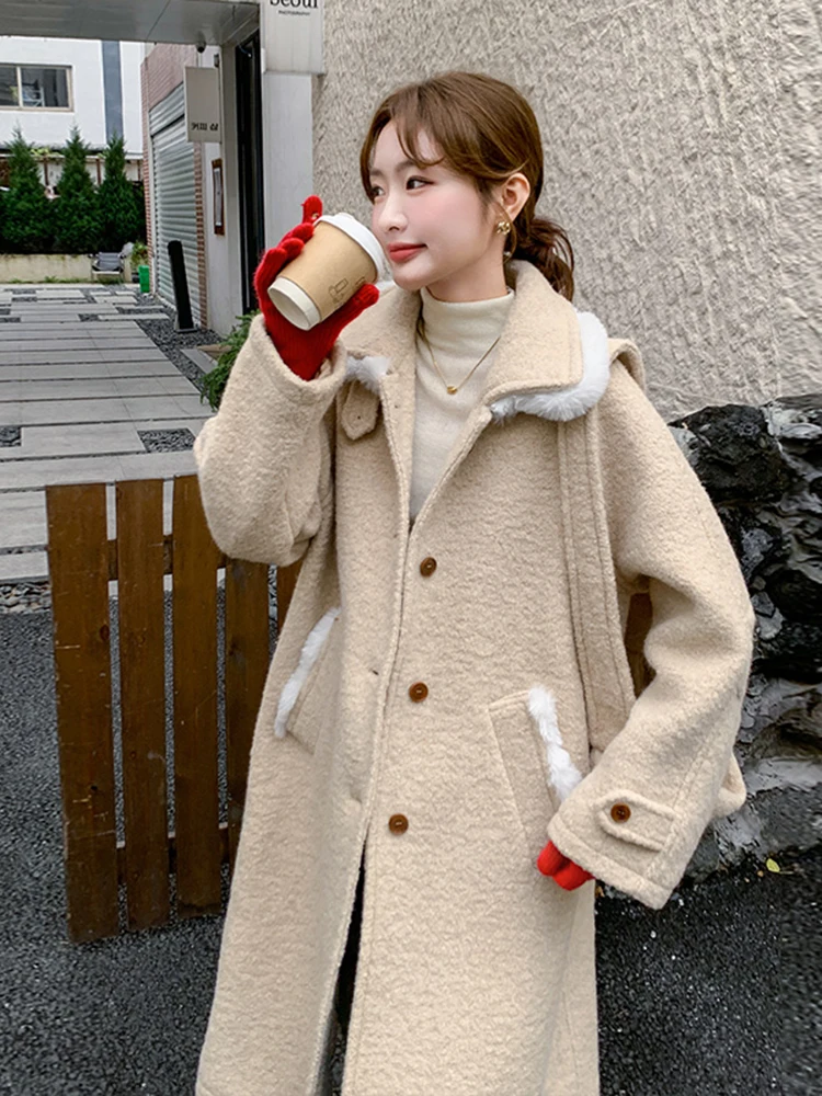 LANMREM Beige Fur Patchwork Medium Long Woolen Coat Jacket With Bag Included Women 2025 Winter Fashion Warm Coats 2DB1629