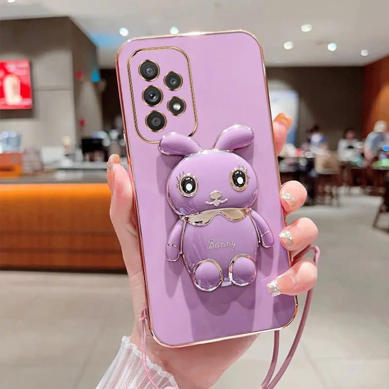 Phone Case For Samsung Galaxy A33 5G Luxury Plating Square Rabbit Holder With Landyard Phone Case Cover