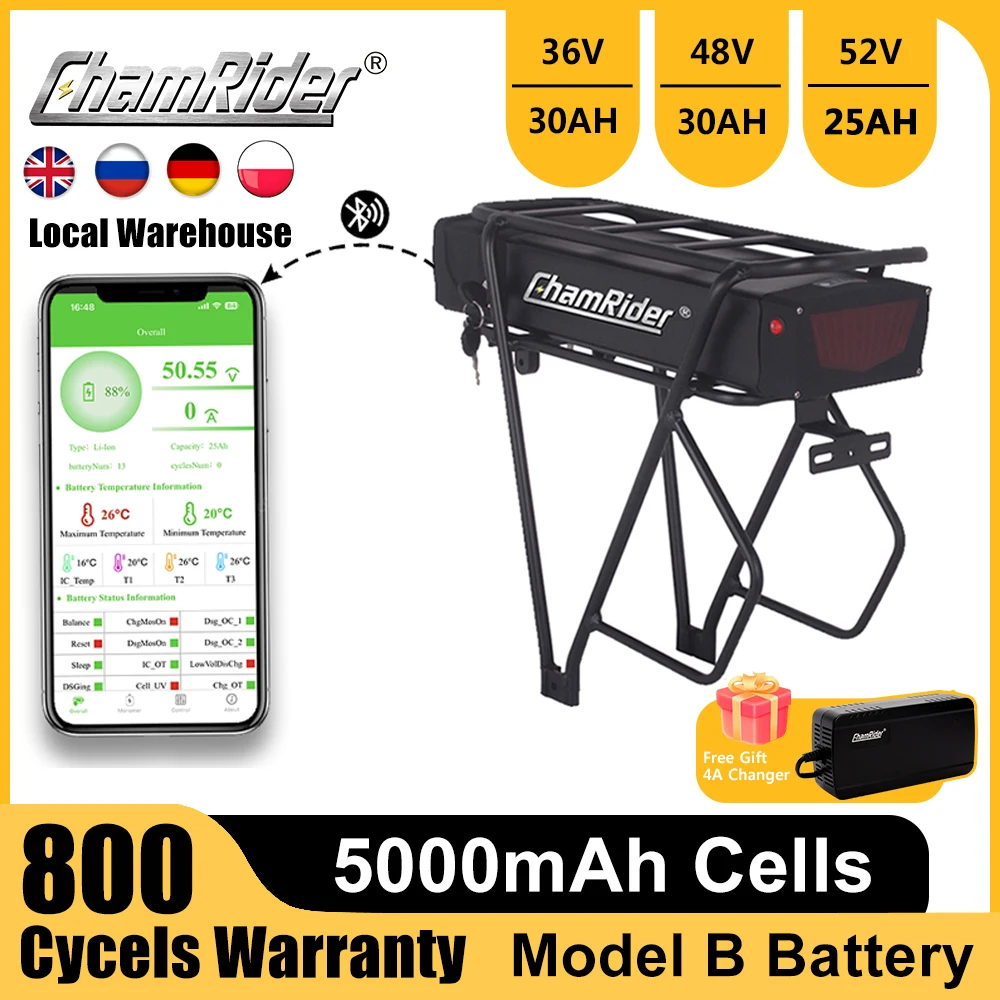 Lithium Li-ion Battery Pack for Bicycle, Rack Carrier, Trunk, Electric Bike, 48V, 20Ah, 36V, 52V