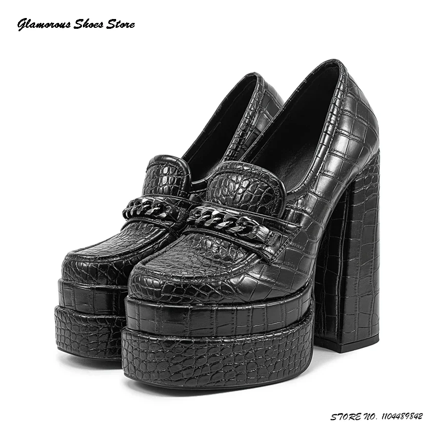 

Chain Embellihsed Double Platform Pumps Women's Round Toe Chunky Heel Platform Shoes Spring Autumn Fashion Slip On High Heels