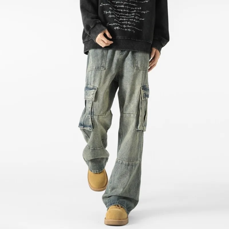 Pantalones vaqueros Cargo de pierna ancha rectos y holgados para hombre, pantalones vaqueros de retales con múltiples bolsillos para exteriores, ropa de calle de tendencia, estilo de utilidad