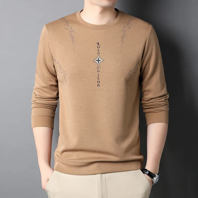 Spring Men's New Fashionable Round Neck Personalized Printing Trend Versatile Pullover, Casual Wear Solid Color Sportswear