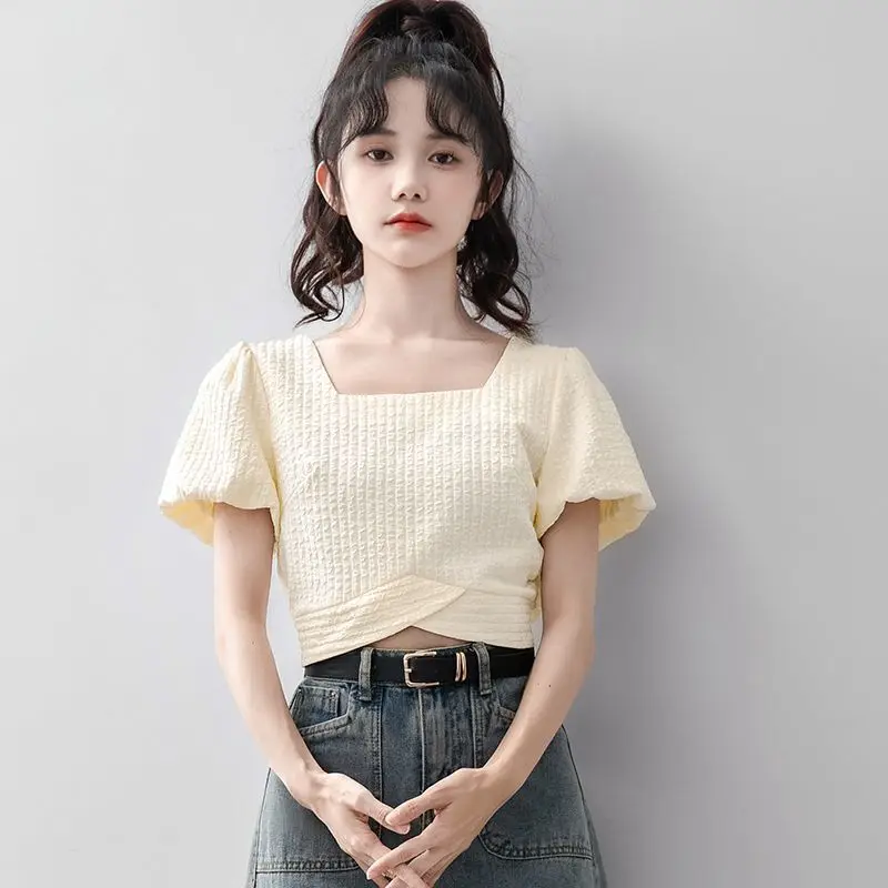 Summer New Apricot Square Neck Chiffon Shirt Women Summer Elegance Slimming Short Sleeved Shirt Exposed Belly Button Short Top