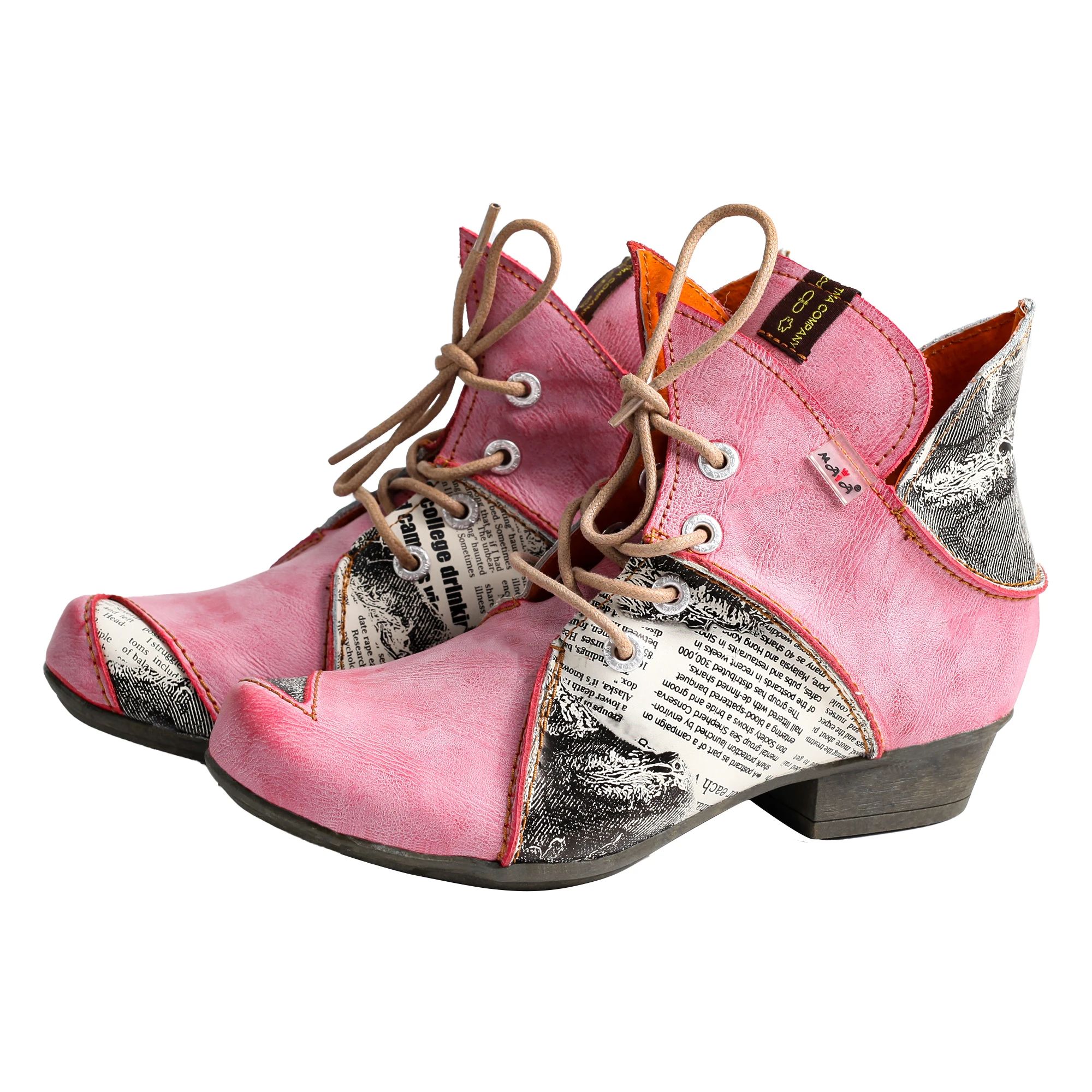 

Lace Up Newspaper Print Busine Leather Women's Ankle Boots