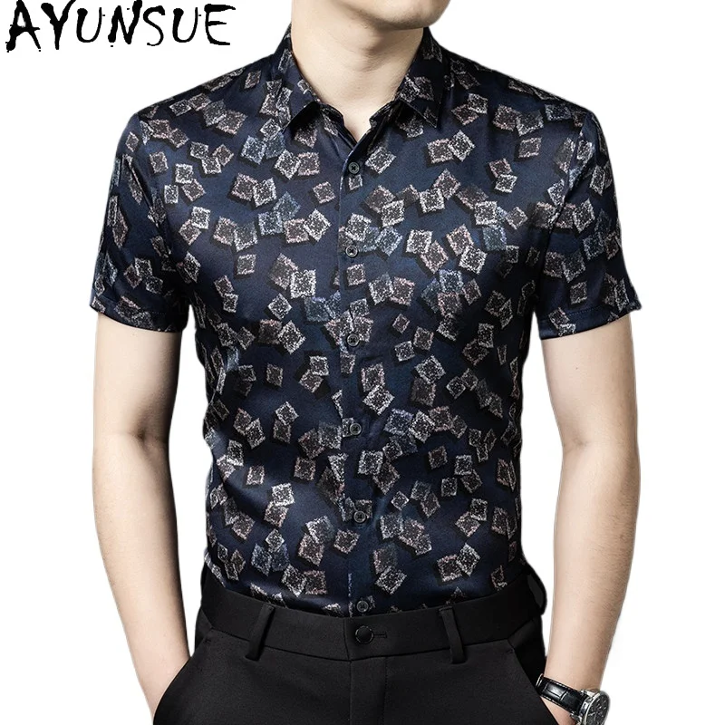 

AYUNSUE 90.8% Mulberry Silk 9.2% Spandex Shirts for Men Summer 2026 Fashion Printed Short Sleeve Shirts Man Clothing Satin Tops