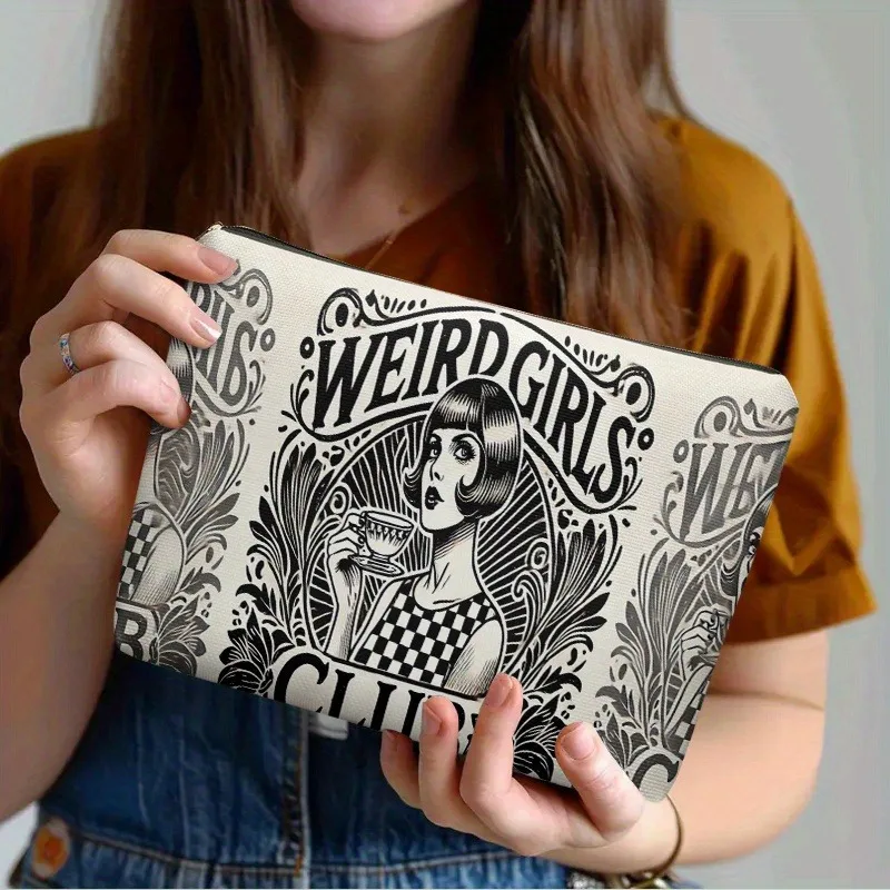 Schickes Geschenk, seltsame Mädchen-Club-Make-up-Tasche, Vintage-Kosmetiktasche mit Blumen- und Karomuster, Reißverschluss-Kosmetiktasche für Reise-Toilettenartikel-Aufbewahrungstasche – Detail 6