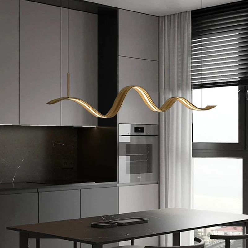 

Nordic Gold Wave Strip Pendant Lamp with Minimalist LED Lighting Suitable for Restaurants Bedrooms and Homes