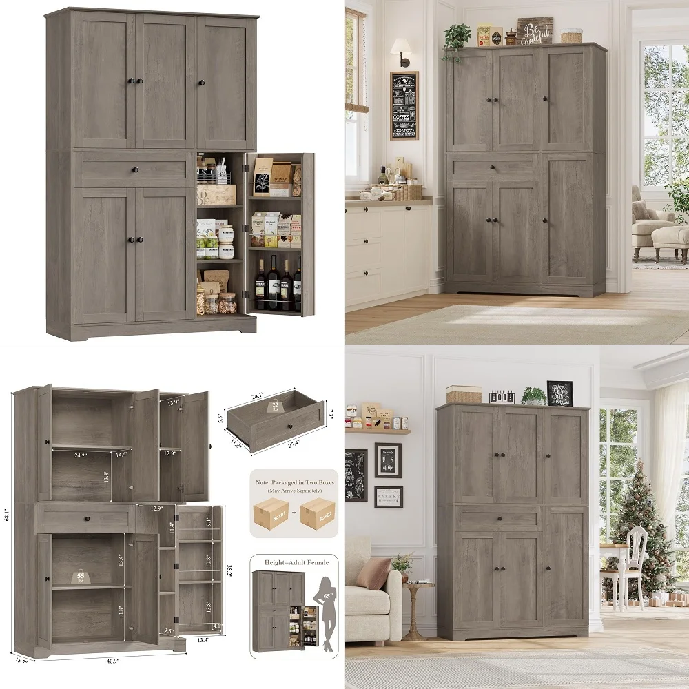 

68 Tall Kitchen Pantry Storage Cabinet, Modern Kitchen Hutch Cabinet with Doors and Shelves, Freestanding Food Pantry with Larg