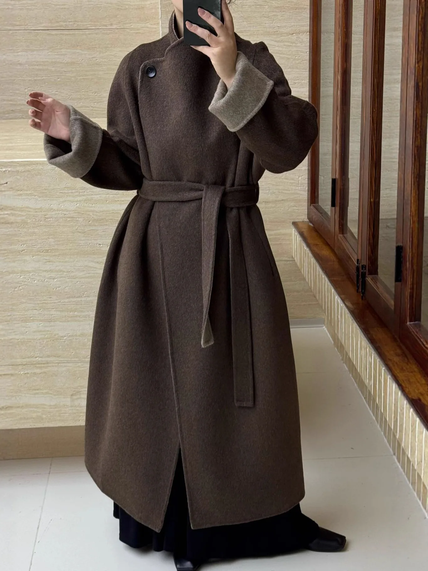 High-end Double-sided Wool Coat Thicken Warm Women Long Length Loose Fit Woolen Overcoat Hand-made Lace-up Winter Outerwear