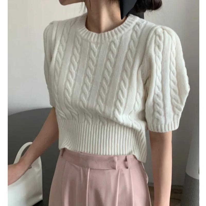 Temperament Top Spring Summer Shoulder Pink Short Sleeve Sweater Bottom Twists Bubble  Knitted Shirt Women Sweet