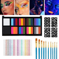 26 Color UV Fluorescent Face Body Painting Set,With Brush\Tattoo Template and 1 Face Gem Sticker,for Halloween Body Paint Makeup