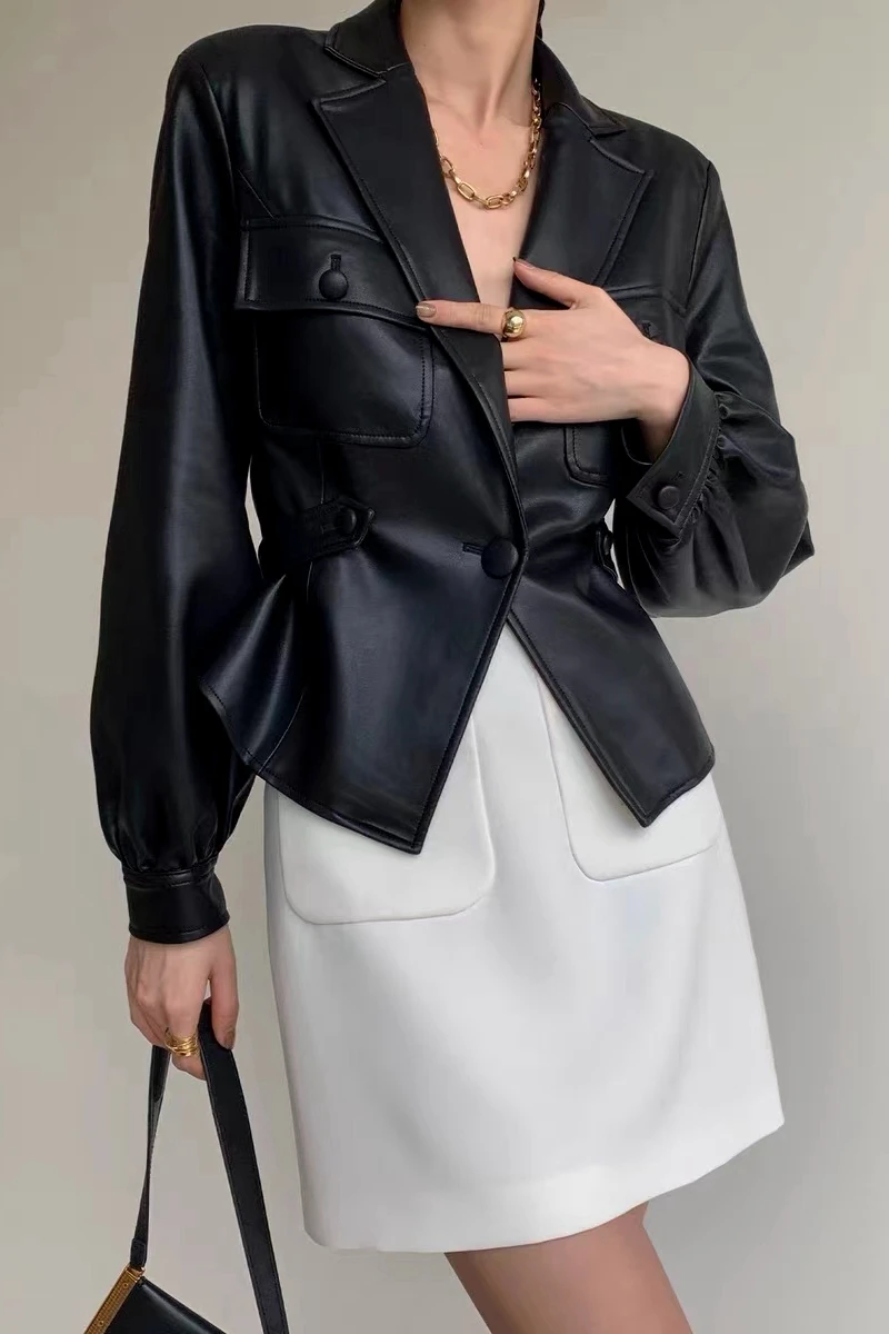 Leather Jacket Women 2023 Spring Suit Collar One Button Slim Waist Design Pocket Short Coat Female Thin Chaqueta Cuero Mujer