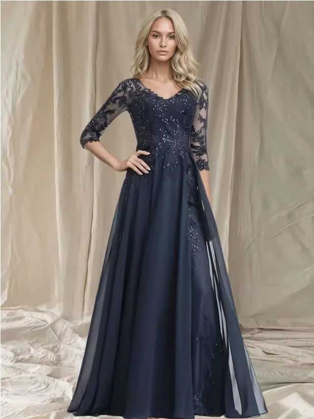 

А-силуэт Платье для матери невесты Свадебный гость Элегантный V-образный вырез Длина до пола Шифон Рукав 3/4 с кружевными аппликациями 2026
