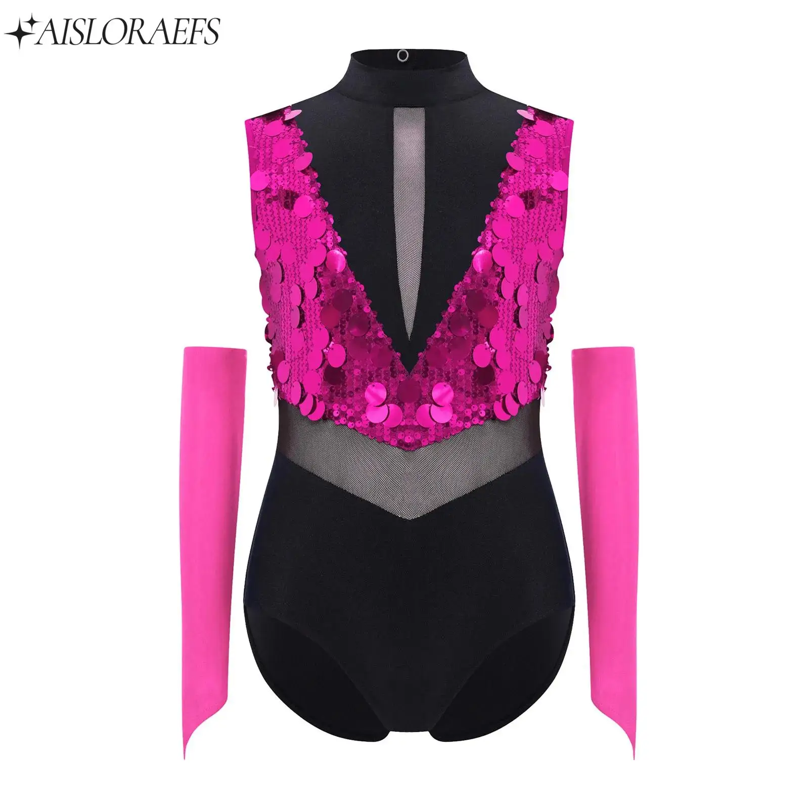 

Kids Girls Shiny Sequins Jazz Latin Dance Leotard Gymnastics Performance Outfit Sleeveless Leotard+Gloves Outfit Stage Clothes