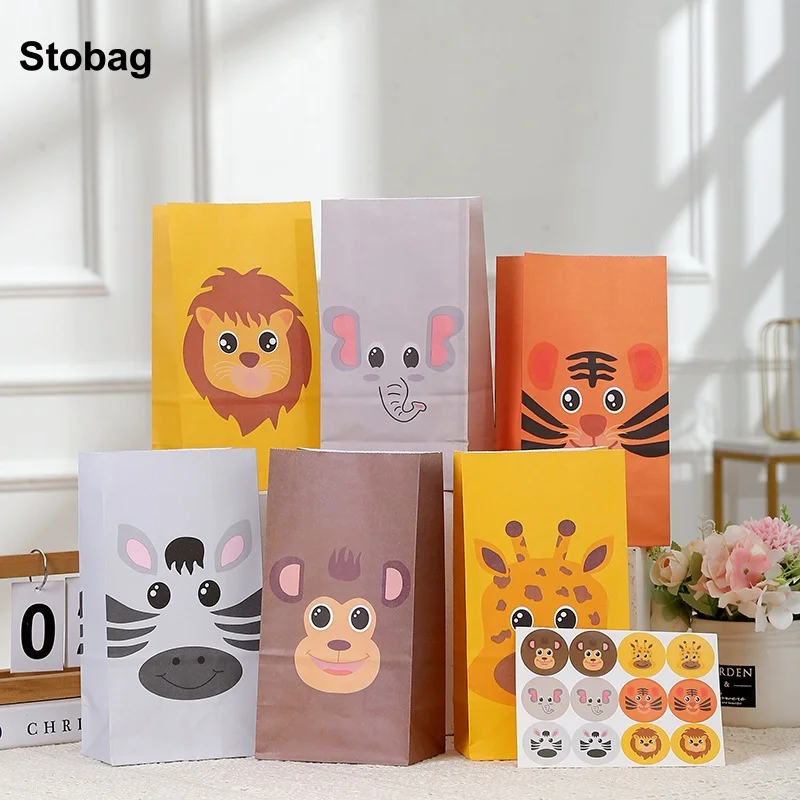 

StoBag 12/24pcs Cartoon Animal Kraft paper Gift Bags Packaging Kids Children for Candy Snack Storage Pouch Birthday Party Favors