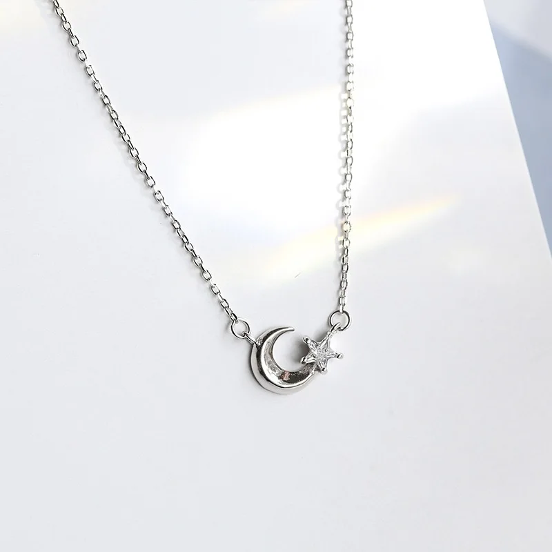 Fashionable Star And Moon Sweet Crystal 925 Sterling Silver Jewelry Personalized Temperament Necklaces  XL008