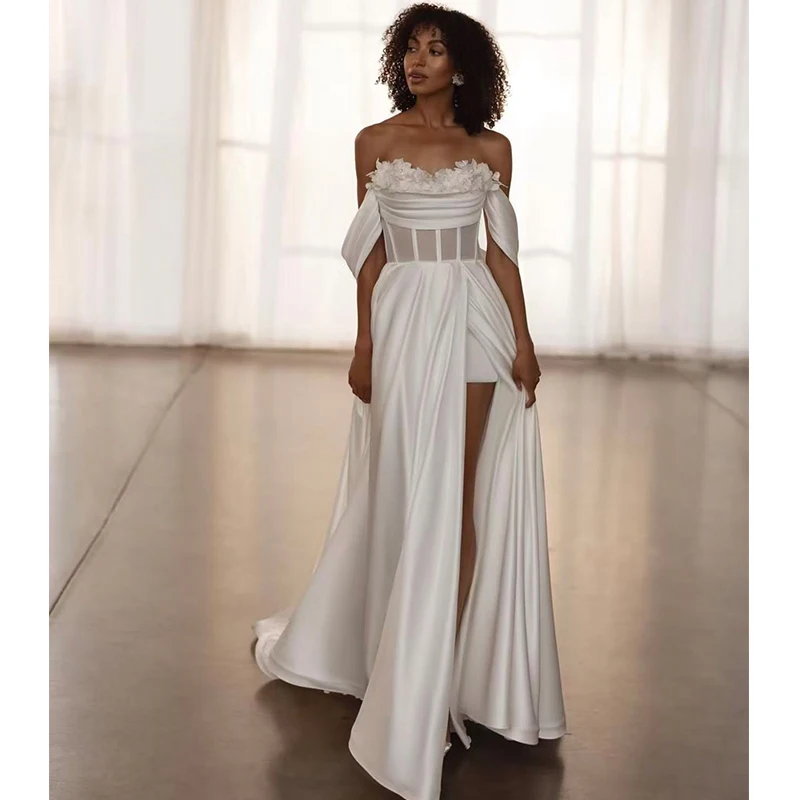 

Elegant Wedding Dress Satin With Lace A-Line Floor Length Ballgown Sleeveless Boatneck Split Customized Zipper Vestido De Novia