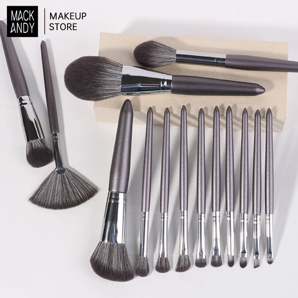 MACKANDY-Kit de pinceaux de maquillage gris café pour femme, poudre de fond de teint en poils de chèvre naturels, fard à barrage contour, outils de maquillage Jules, 14 pièces