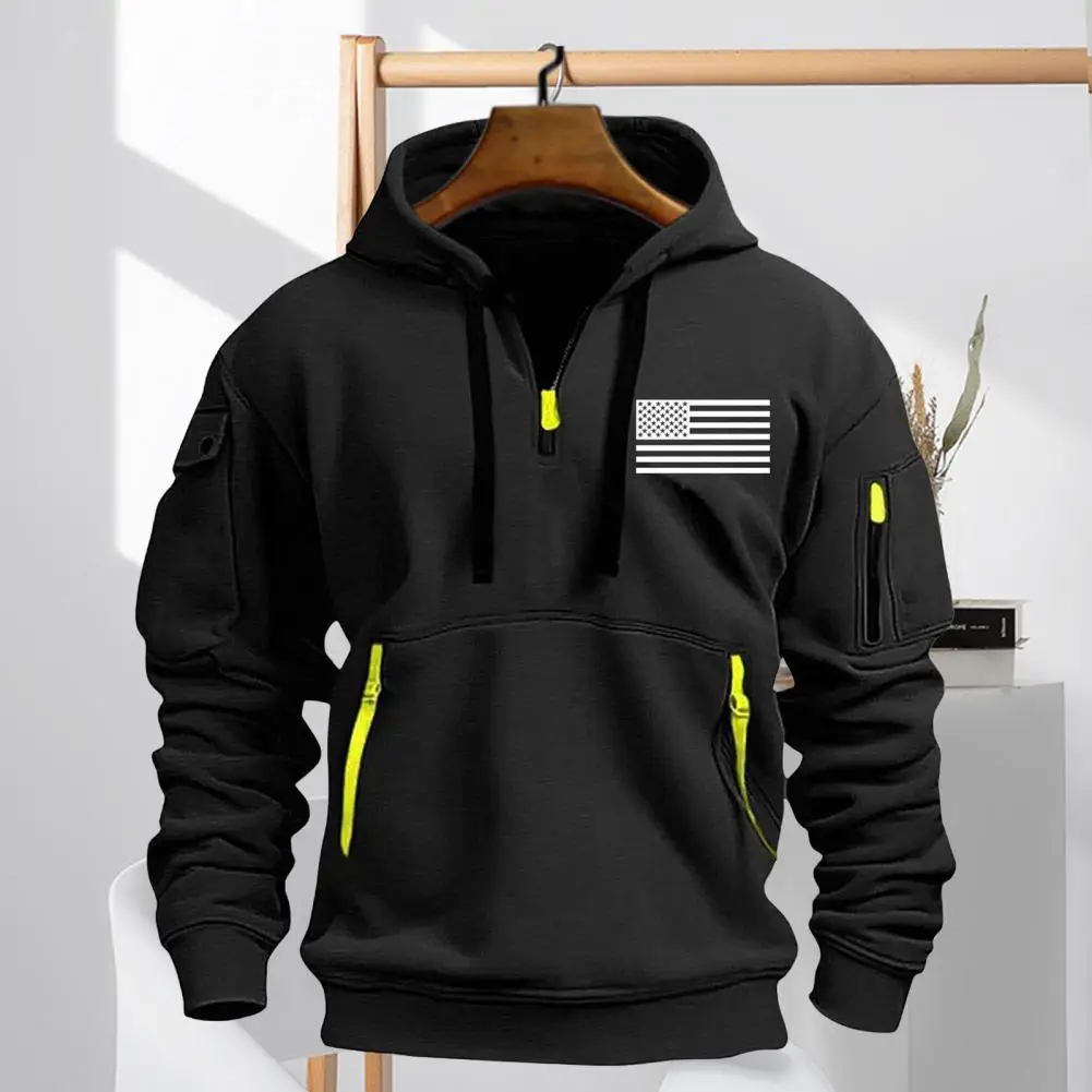 Winter Hoodie Autumn Hoodie American Flag Pattern Men's Fitness Hoodie with Plush-lined Hood Multi Pockets for Travel Work