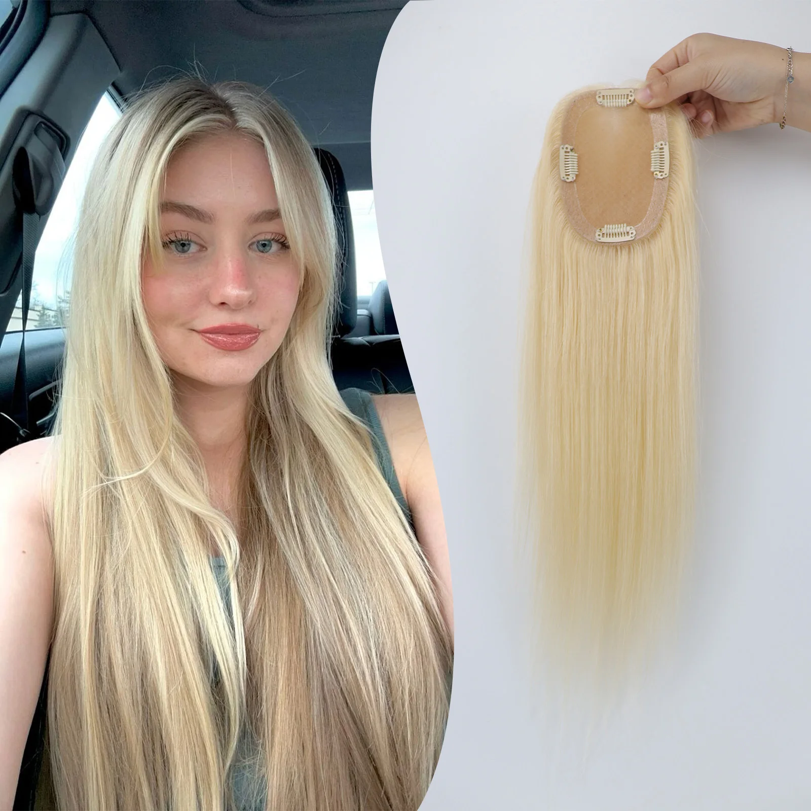 

Топпер для волос Шелковая основа с ПУ вокруг Светло-русая # 613 3x5 дюймов, связанные вручную с заколками и детскими волосами для женского парика