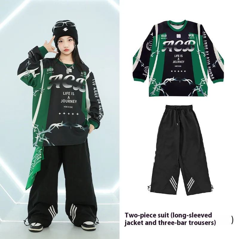 Hip Hop Ragazzi Felpa nera Pantaloni mimetici Ragazze Cappotto da ballo di strada Pantaloni in denim Set di vestiti Bambini Streetwear Costume jazz per bambini