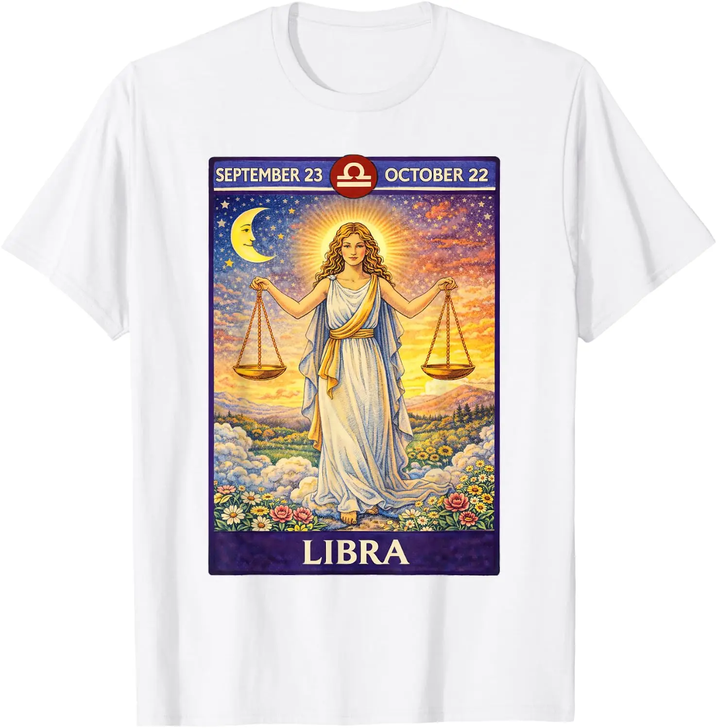 Vintage Libra Zodiac Astrology Horoscope Tarot Style T-Shirt 100% Cotton Trendy Y2K Short-Sleeve Tee-Soft, Quick-Drying,