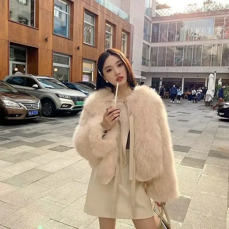 여성용 인조 모피 플러시 숏 코트 2025 가을 겨울 플러시 따뜻한 두꺼운 재킷 한국 스타일 아우터웨어 PU 가죽 모피 레이스업 재킷