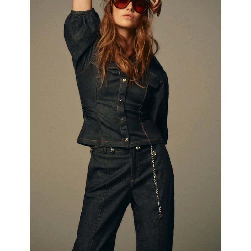 กางเกงยีนส์ทรงตรงเอวสูง ขากระบอก ทรงสลิมฟิต ผ้าเดนิม แต่งปกเสื้อ สไตล์ลำลอง แฟชั่นฤดูใบไม้ร่วง สำหรับผู้หญิง