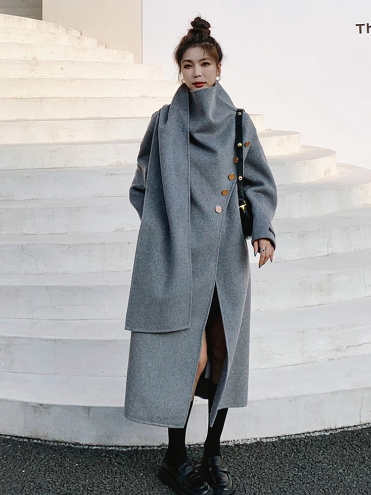 LANMREM Wool Coats For Women Scarf Collar Long Length Irregular Buttons Coat Gray Color Female High End Luxury Clothing 2R7870