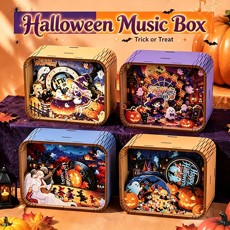 Halloween 3D Wooden Music Box Mechanical Wind-up Music Box for Halloween Party Table Decorations