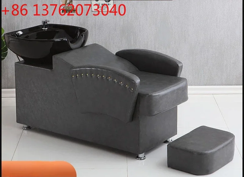 

Barber shop semi-reclining flush bed with pedal leather hair salon ceramic basin shampoo bed