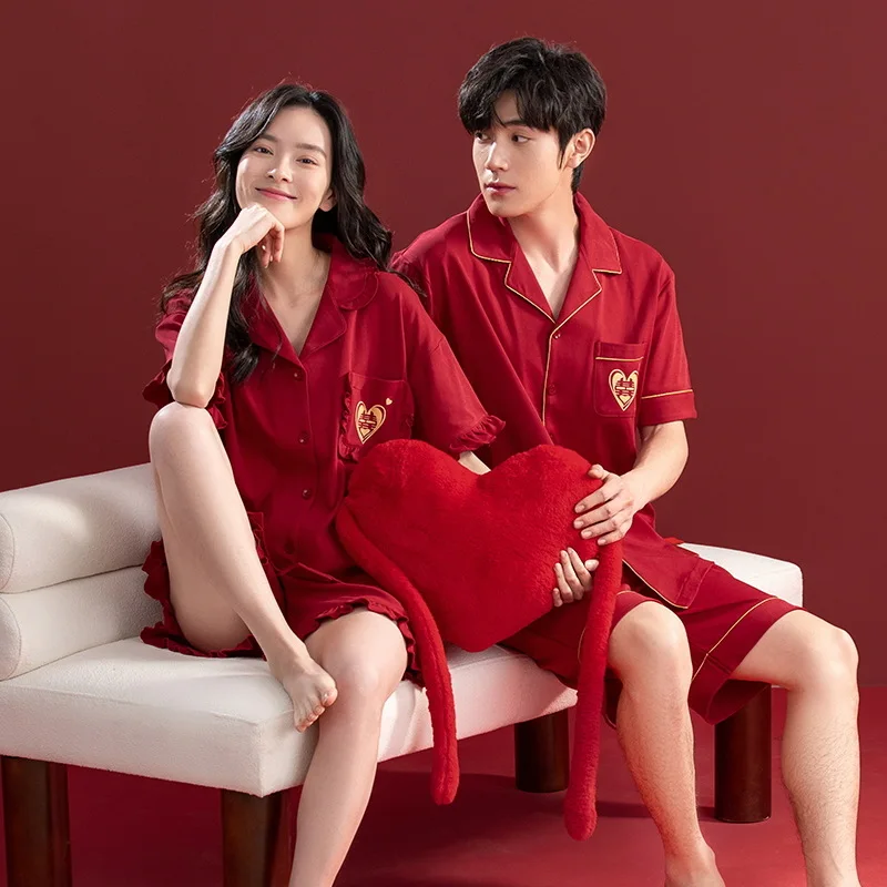 Cotton Red Color Wedding newlywed Couple Sleepwear Summer Cardigan Short Sleeves Sleeping Top Pant Nightwear Women and Men Pjs