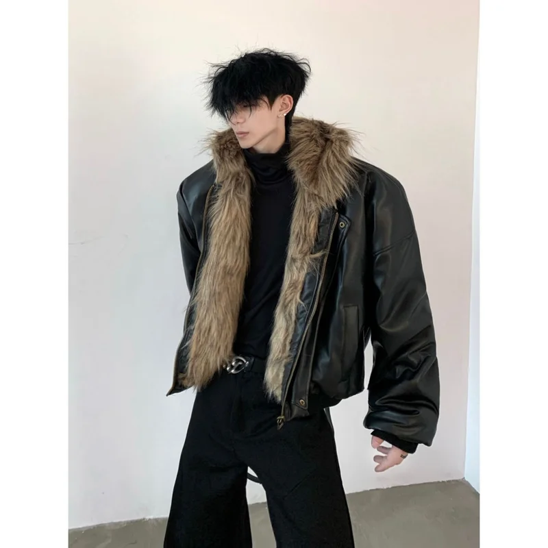 Men\'s Fashion Faux Fur Jacket Winter Warm Designer Coat Reversible Leather Outerwear For Male Personality PU Tops