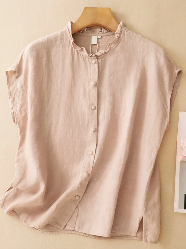 

Artistic Style Pink Ruffle Collar Cotton Linen Shirt Women Summer Anti-Aging Slimming Casual Linen Small Flying Sleeve Top