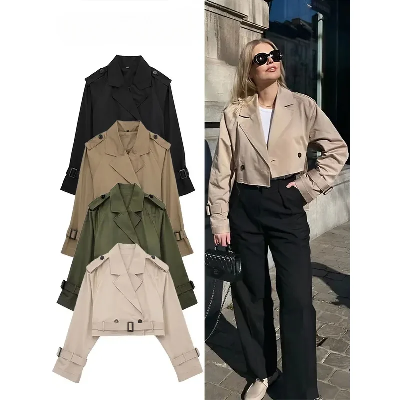 

TRAFZA Vintage Women Fashion Belt Short Jacket Long Sleeve Lapel Double Breasted Lady Windbreaker 2025 Spring Chic Woman Coat