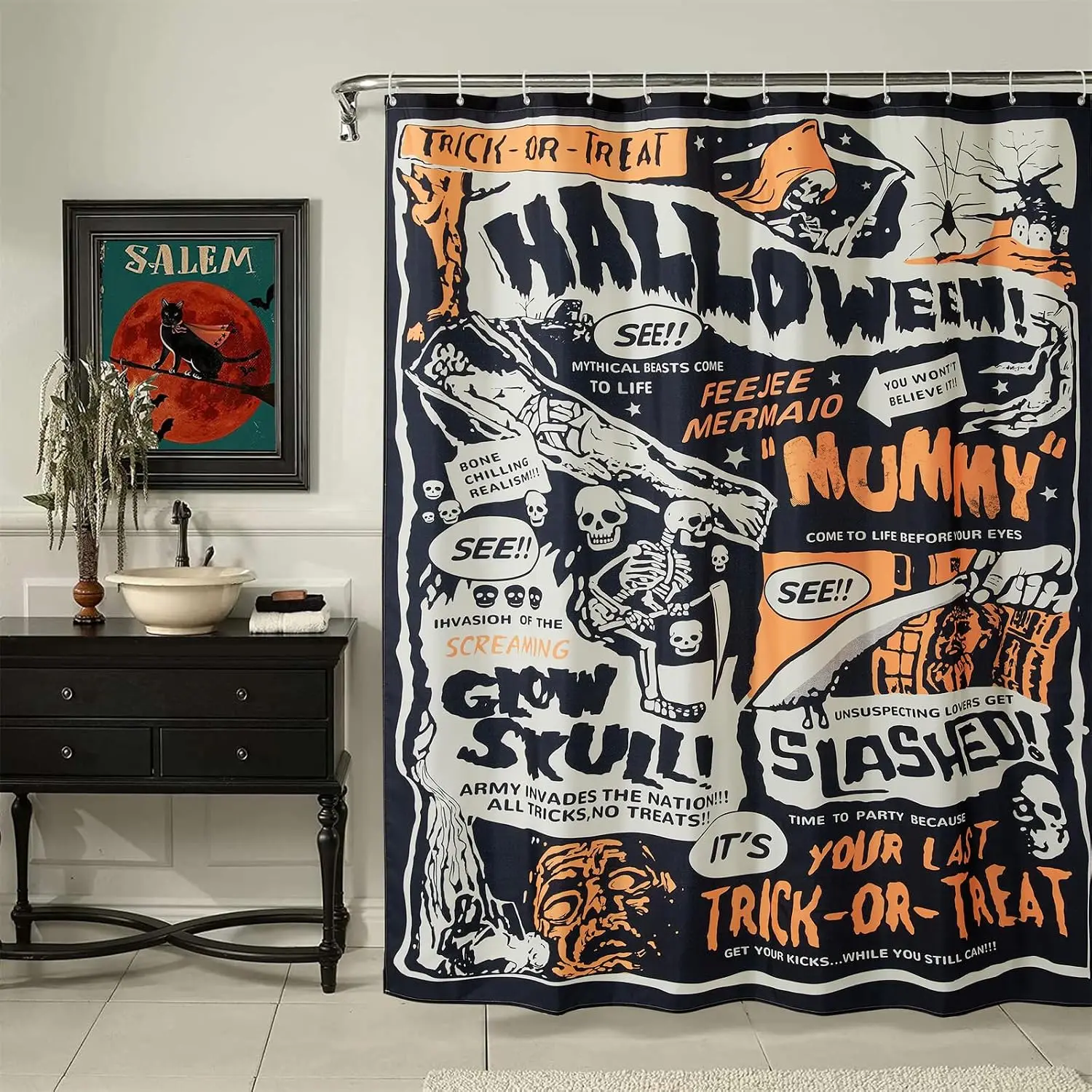 Halloween Retro Movie Shower Curtain,Skeleton Mummy Monster Poster Pattern Waterproof Bath Curtain With Hooks For Bathroom Decor