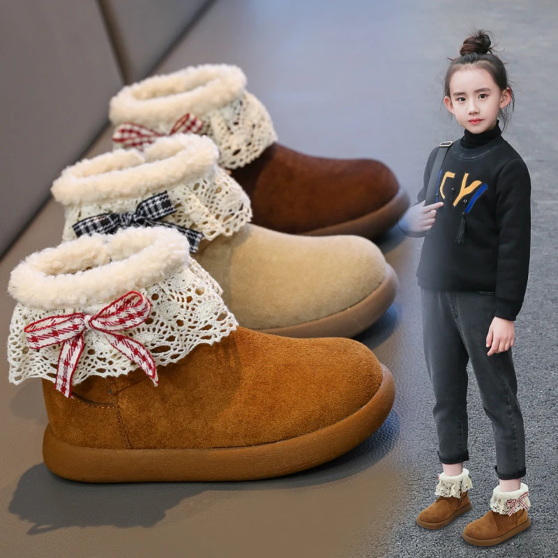 

Children's Fashion Boots 2025 Winter Korean Style New Lace Bow Cute Sweet Soft Bottom Anti Slip Warm Outdoor Boots Campus Style