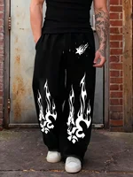 Joggers negros de pierna ancha para hombre, pantalones de calle dinámicos con estampado de llama blanca y estrellas de alto contraste, pantalones de chándal de Hip Hop de gran tamaño, tendencias