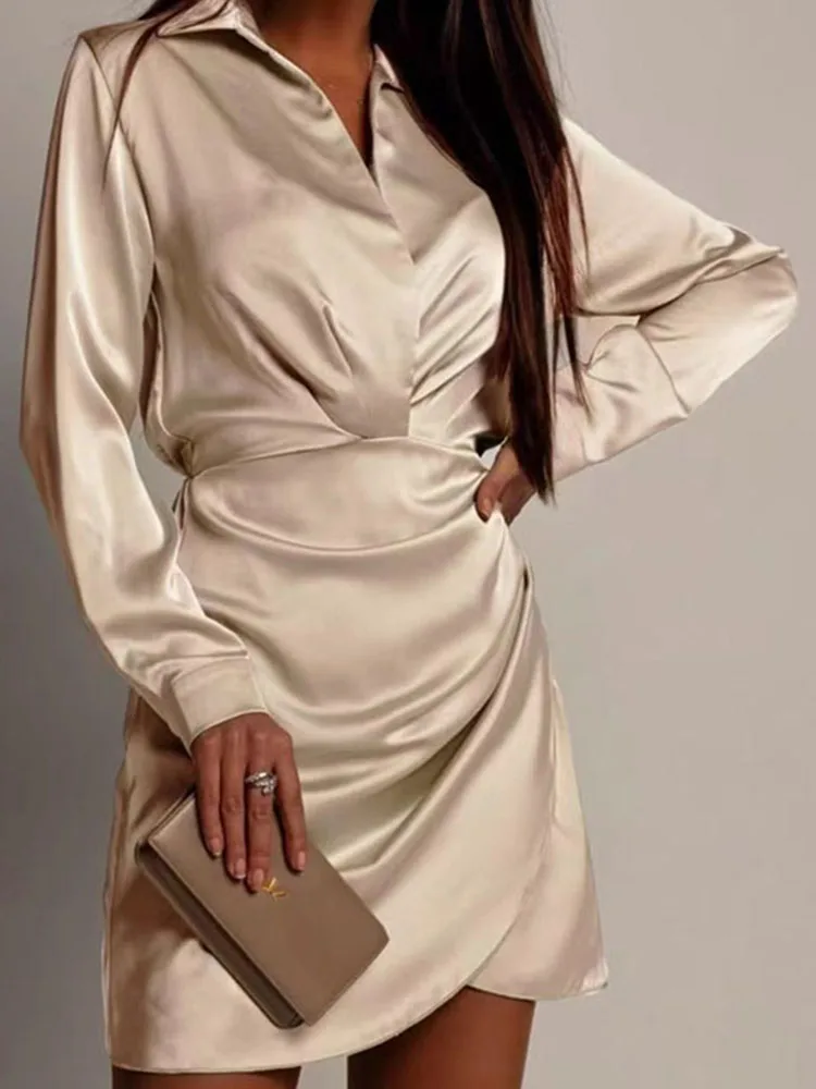 Neue Elegante Büro Hemd Kleider Herbst frauen Revers Lange Ärmeln Unregelmäßige Party Kleid Mode Temperament Gefaltete Kurze Kleid