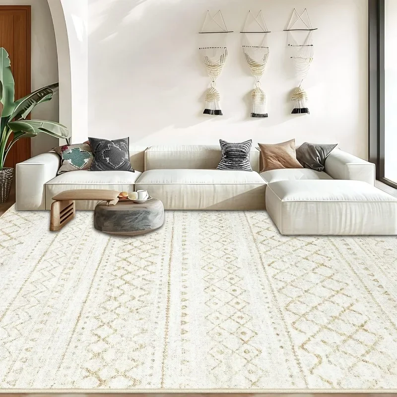 Large Washable Boho Moroccan Rugs Geometric Neutral Rug, Non-Slip Foldable Morden Farmhouse Indoor Floor