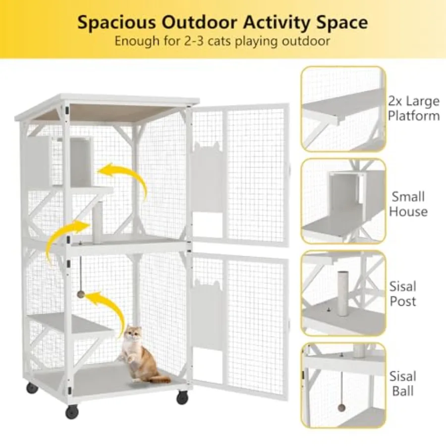 حاوية Catio للقطط الخارجية مع سقف 71 ارتفاع قفص خشبي كبير للقطط مع 3 منصات للقفز ومنزل قيلولة واحد لتعزيز #3